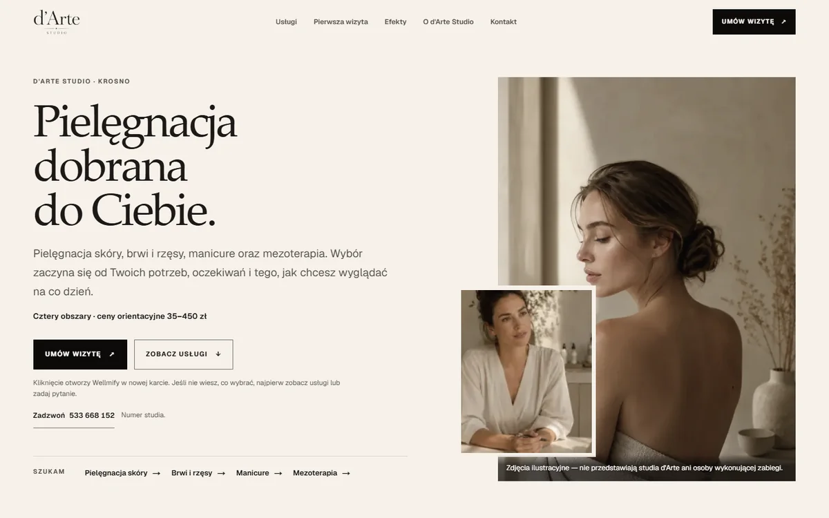 Strona d'Arte Studio na komputerze: hasło „Pielęgnacja dobrana do Ciebie.”