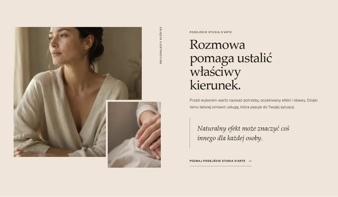 Sekcja strony d'Arte: „Rozmowa pomaga ustalić właściwy kierunek.”