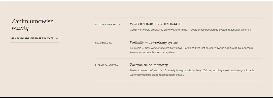 Sekcja strony d'Arte: „Zanim umówisz wizytę” z godzinami otwarcia i zasadami pierwszej wizyty