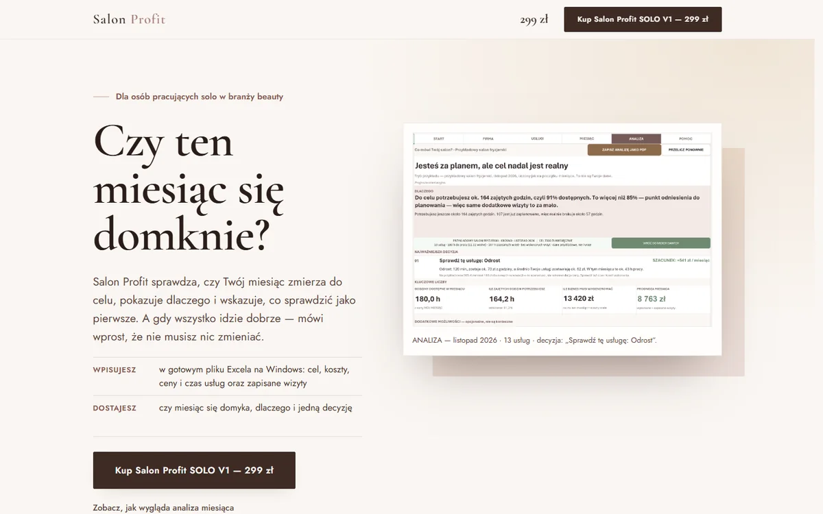 Strona salonprofit.pl na komputerze: hasło „Czy ten miesiąc się domknie?” i prawdziwy ekran analizy